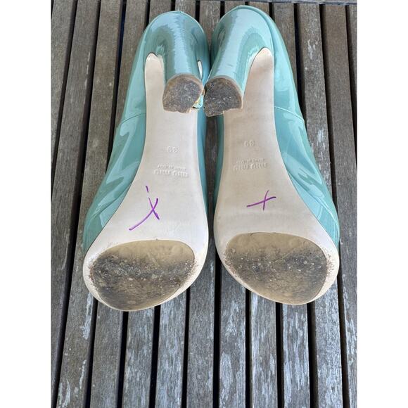 MIU MIU Seafoam Green Patent Leather Peep Toe Platform Pump Heels Size 39 - Picture 8 of 8
